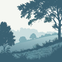 Serene Landscape Illustration with Trees Hills and Distant Forest in Blue Tones
