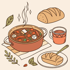 Cozy homemade soup illustration with bread and tea on a table