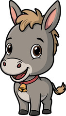 Cute cartoon donkey with big brown eyes, red collar and bell, smiling farm animal character in playful style, isolated illustration
