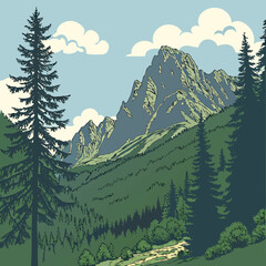 Vintage Style Mountain Landscape with Evergreen Trees and Cloudy Sky