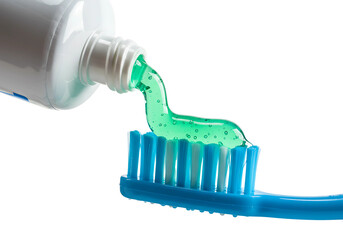 Blue toothpaste tube squeezing green toothpaste onto a blue toothbrush isolated on transparent background