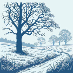 Monochrome Landscape with Bare Tree Grassy Field and Winding Path Illustration