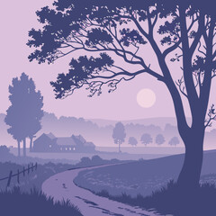 Rural landscape illustration with a winding road farm and large tree silhouette
