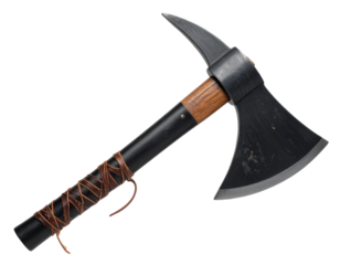 Angled Side View of Double-Edged Viking Axe with Weathered Black Finish, Transparent Background PNG