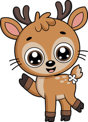Cute cartoon deer waving, cheerful animal with flower tail, expressive eyes and antlers, friendly forest character illustration for kids