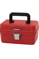 Red toolbox closed with metal latch on transparent background