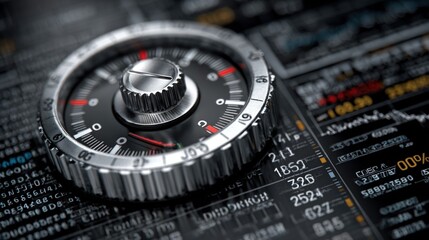 A metallic safe lock sits atop a complex financial chart