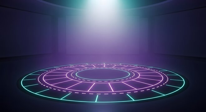 Futuristic Circular Interface Platform with Neon Grid and Spotlight in Dark Room - Powered by Adobe