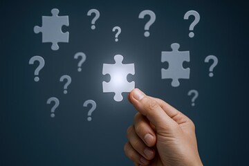 Hand Holding Glowing Puzzle Piece Amidst Question Marks: Solution Concept for Business and Problem Solving