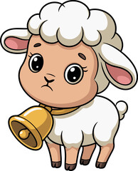 Cute cartoon lamb with fluffy white coat, yellow bell necklace, expressive eyes and pink ears, friendly farm animal illustration art