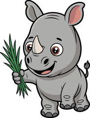 Cute cartoon rhinoceros holding green grass, happy animal character with big eyes, friendly wildlife illustration, playful kids concept art