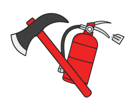 Minimalist Crossed Firefighter Axe and Fire Extinguisher Icon, Transparent Background PNG