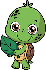 Cute cartoon turtle with green head, brown hexagon shell, big eyes, black spots, holding leaf, smiling upright animal character, isolated illustration