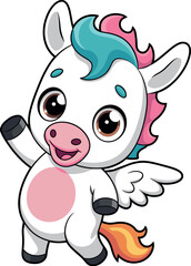 Cute cartoon unicorn cow hybrid waving, white body with pink spot, colorful mane and tail, friendly fantasy animal illustration art