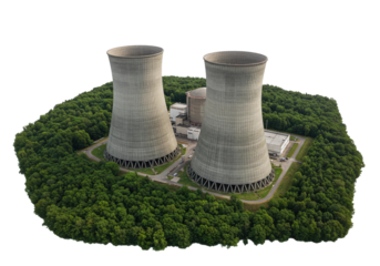 Nuclear power plant cooling towers isolated on transparent background