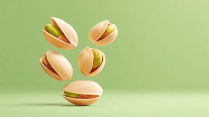 Levitation of Open Pistachio Nuts with Pastel Green Background