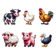 Naklejka premium Colorful Pixel Art Farm Animals Including Cow, Chicken, and Duck