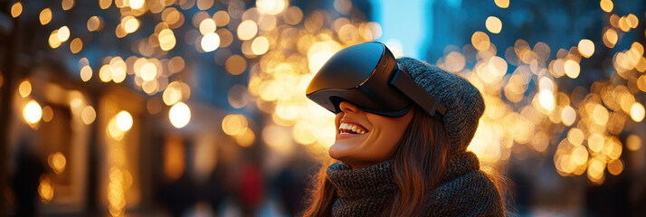 Winter-clad woman experiencing festive magic, wearing virtual reality headset amid glowing Christmas lights in snowy landscape, blending technology with seasonal wonder
