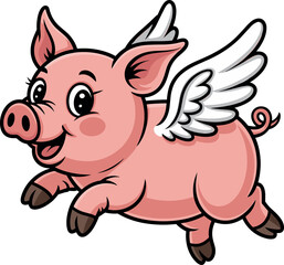 Flying cartoon pig with wings, pink smiling animal, whimsical fantasy creature illustration, curly tail character, cute impossible concept art