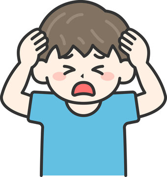 頭を抱えて悩む男の子｜困った表情の子供のイラスト