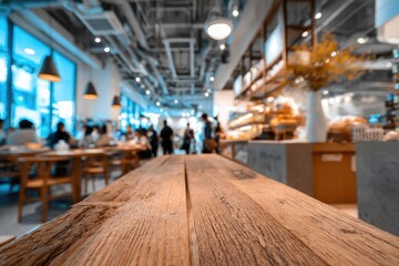 Blurred cafe interior, wooden table focus