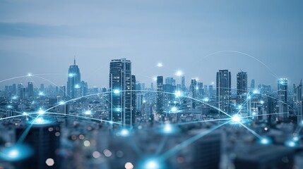 Modern Cityscape Connected by Digital Network, Illustrating Global Communications and Futuristic Technology Concepts