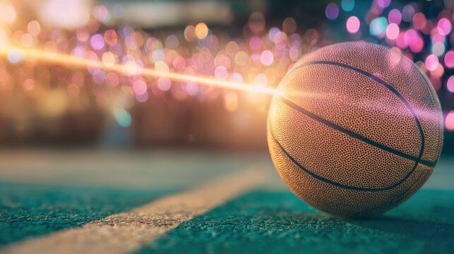 Basketball rests on a court with colorful lights in the background at night - Powered by Adobe