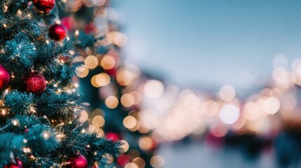 Festive Christmas decorations illuminate a charming holiday market at dusk