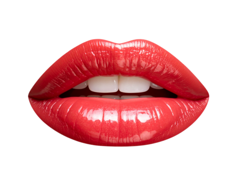 Close-Up of Glossy Red Lips with Slightly Open Mouth, Front View, transparent background png