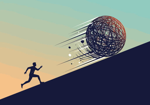 Man running uphill chasing a chaotic sphere rolling down a steep hill symbolizing struggle effort and overcoming challenges