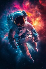 Fototapeta premium Astronaut Floats in Vibrant Cosmic Space Surrounded by Colorful Nebulae and Stars