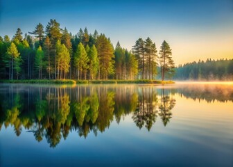 Forest trees reflected in calm lake water at dawn