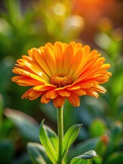 Fototapeta premium A single calendula flower with a bright orange petals unfolding in the sunlight