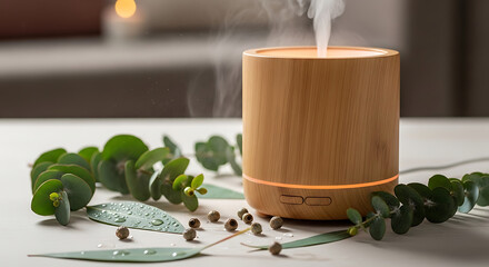 Modern cylindrical wooden essential oil diffuser with glowing amber light band emitting white steam