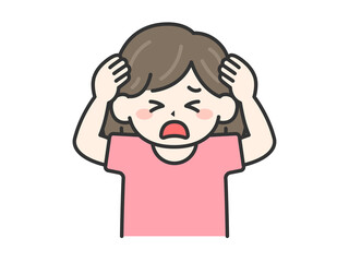 頭を抱えて悩む女の子｜困った表情の子供のイラスト