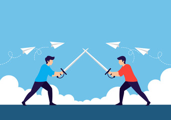 Two businessmen with swords facing each other in a duel with paper airplanes flying overhead