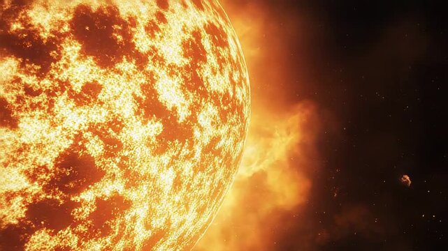 Burning sun exploding in outer space with prominences
