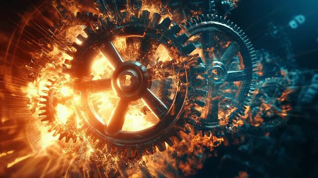 Burning gears generating energy and power in a complex mechanism