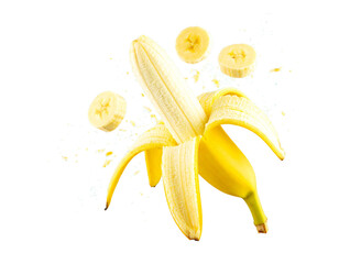 Whole Banana Exploding into Slices, Front Perspective, Transparent Background PNG