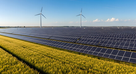 Embrace a greener future with solar panels and wind turbines producing clean energy in a golden field
