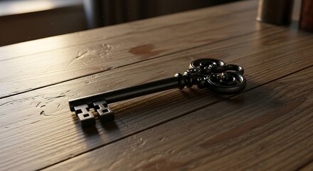 Ornate antique key resting on a weathered wooden surface evokes mystery and heritage
