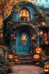 Fototapeta premium Enchanting Blue House Adorned With Glowing Pumpkins in Autumn Foliage at Twilight