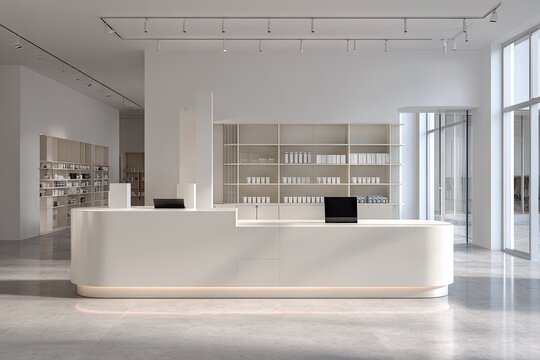Contemporary retail interior with a minimalist reception desk.