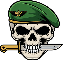 Skull with green military beret, golden star emblem, gripping knife in teeth, bold design, danger theme, military symbolism, striking art