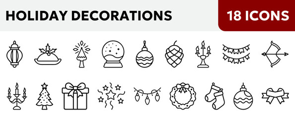  icons depicting various holiday decorations Includes festive items such as ornaments,  Christmas tree, and gifts