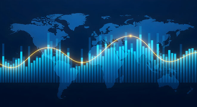 Global market growth visualized with dynamic chart and world map for business success and investment insights