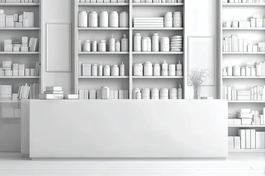 Empty pharmacy interior design mockup.