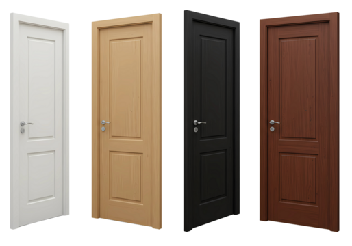 Four interior doors in different colors isolated on transparent background