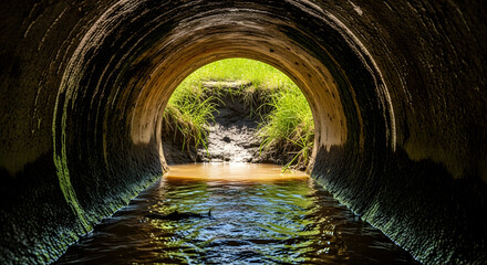 Naklejka premium Sunlight streams through tunnel with flowing water creating stunning contrast of light and shadow outdoors