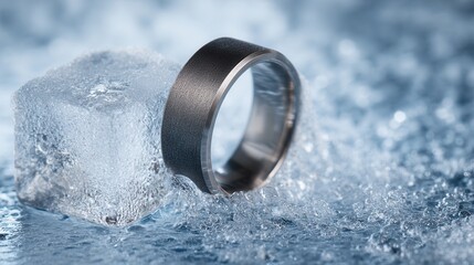 Minimalist Titanium Band on Frosted Glass Cube.